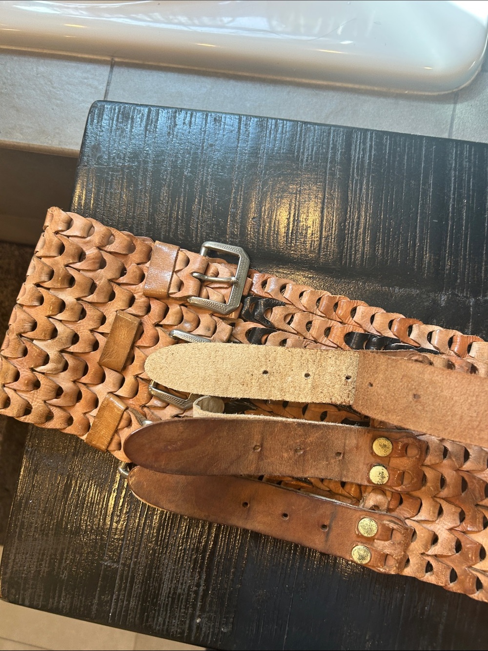 Vintage Free People  Collection, Woven Link, Triple Buckle Corset Belt in Cognac - Picture 15 of 16